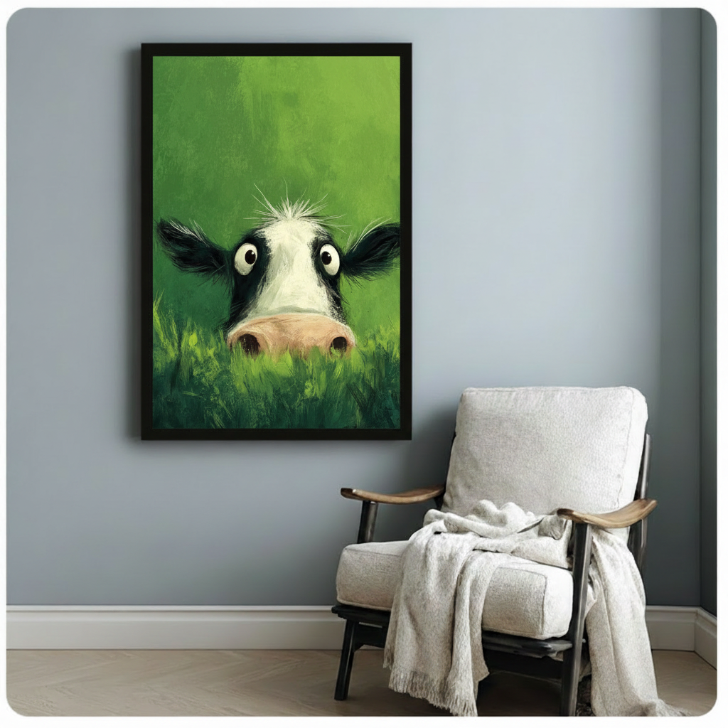 Black framed peekaboo cow oil painting canvas print hung on a soft blue-gray wall beside a white linen wood armchair with a cream knit throw blanket draped over the arm