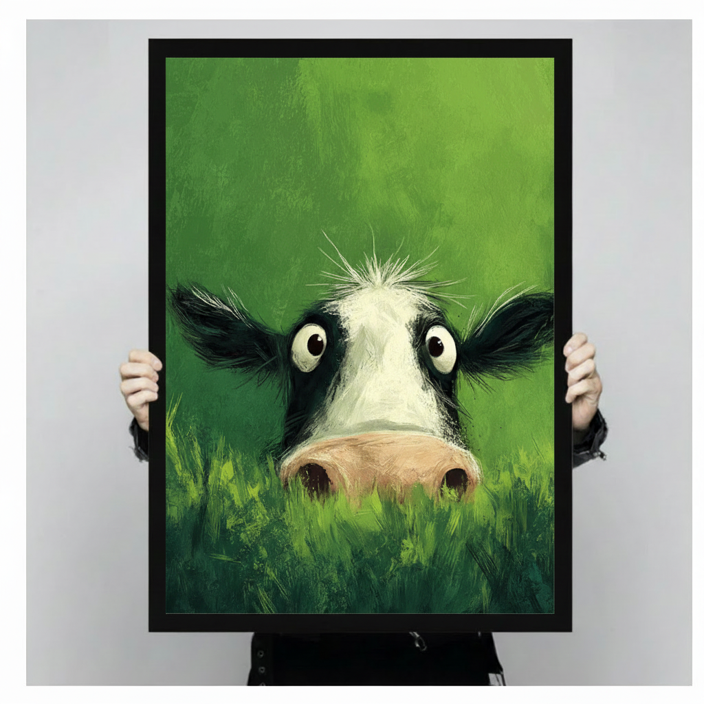 Hands in black sleeves holding a large black framed funny peekaboo cow canvas art print against a neutral gray background, front-facing product size reference display