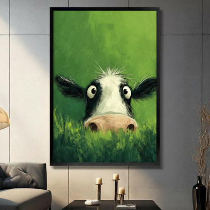 Black framed funny peekaboo cow canvas wall art with vibrant green background displayed in a modern dark gray living room with candlesticks and tall black decorative vase