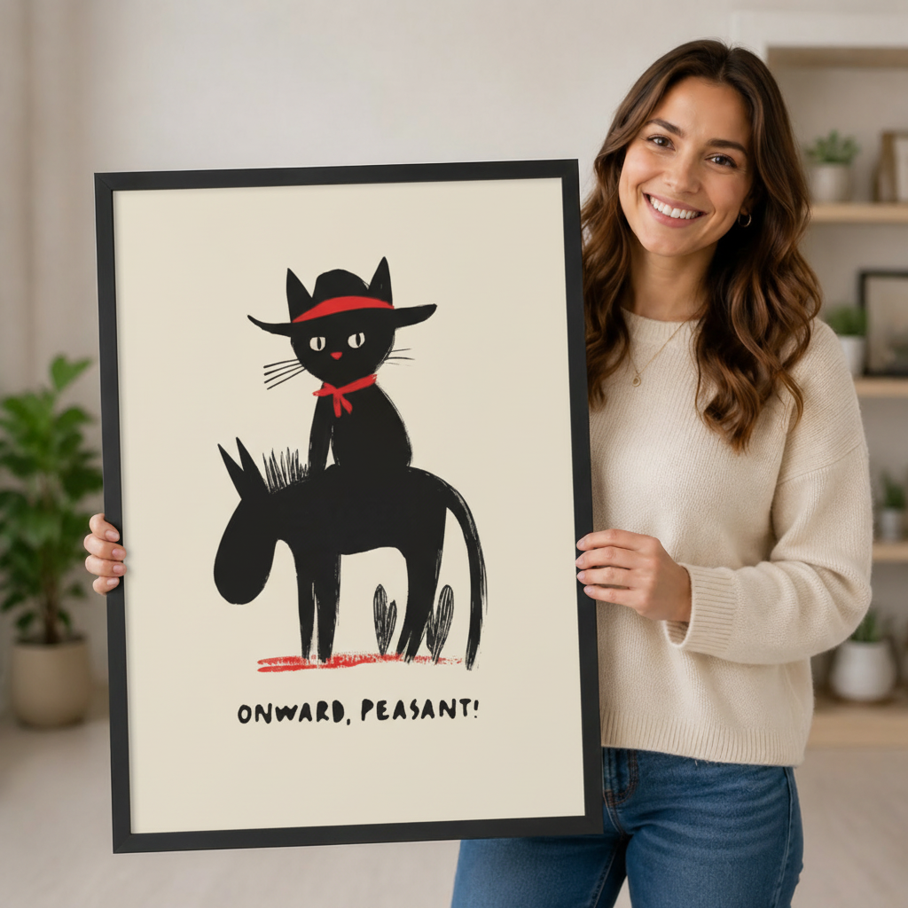 Smiling woman holding a large black framed whimsical cowboy black cat riding a donkey art print with red hat and red scarf on cream background, showing scale for home decor gifting against a neutral indoor backdrop with potted plants and open shelving