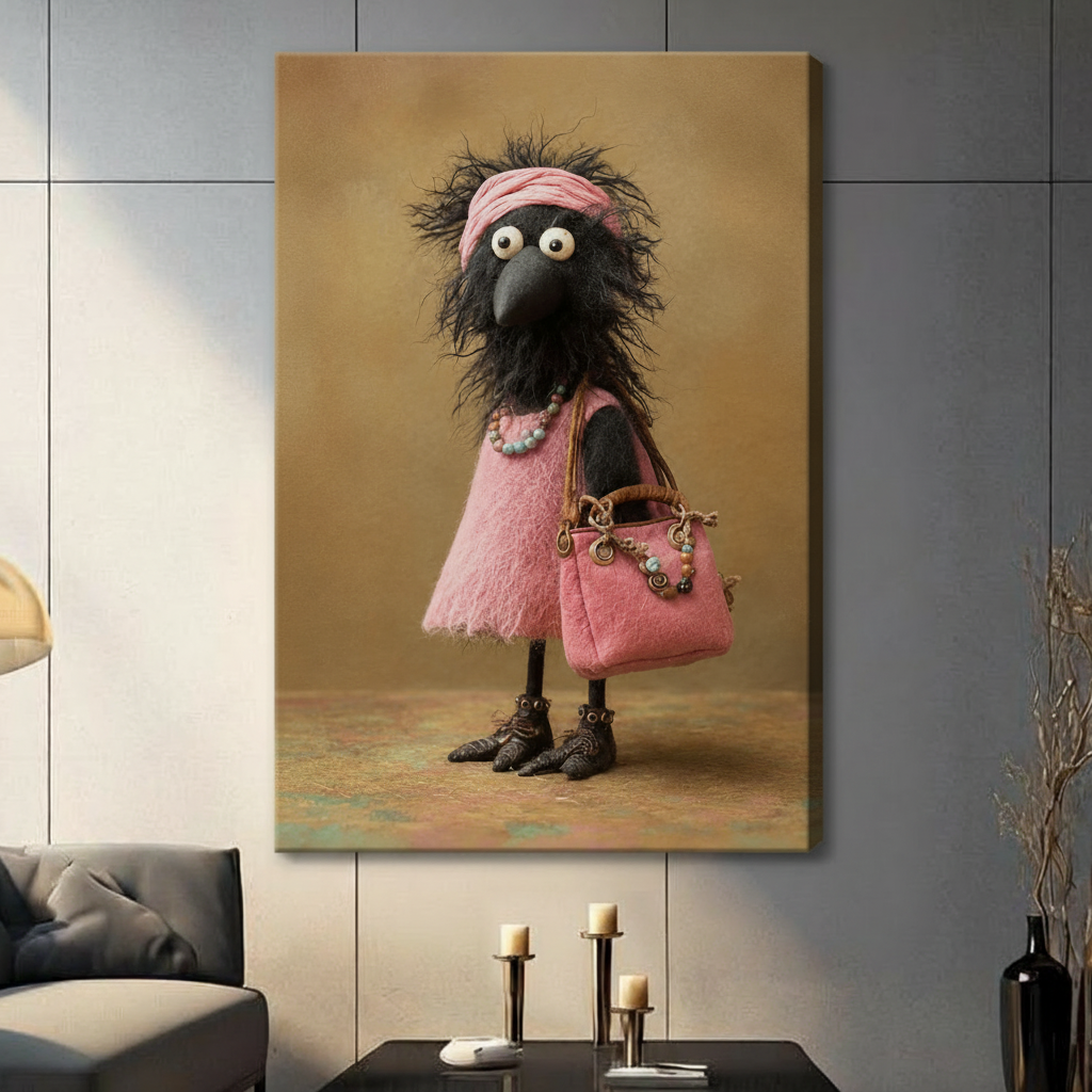 Unframed canvas wall art featuring a quirky black crow dressed in pink lace with a beaded necklace and stylish handbag, hung in a contemporary interior