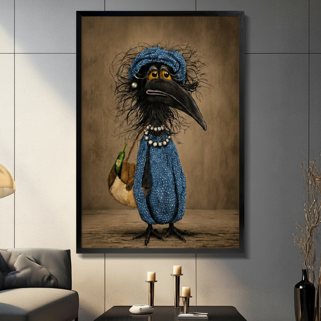 Funny anthropomorphic crow in blue outfit framed canvas wall art hanging in modern living room with gray panel wall