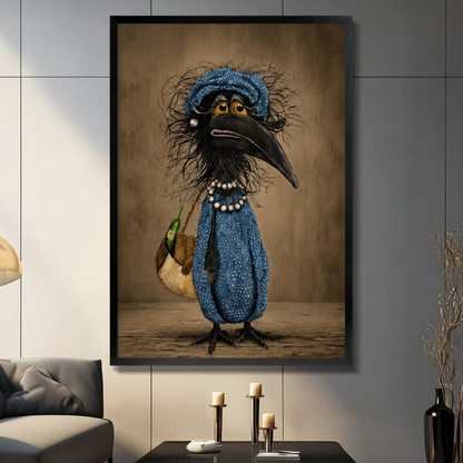 Funny anthropomorphic crow in blue outfit framed canvas wall art hanging in modern living room with gray panel wall