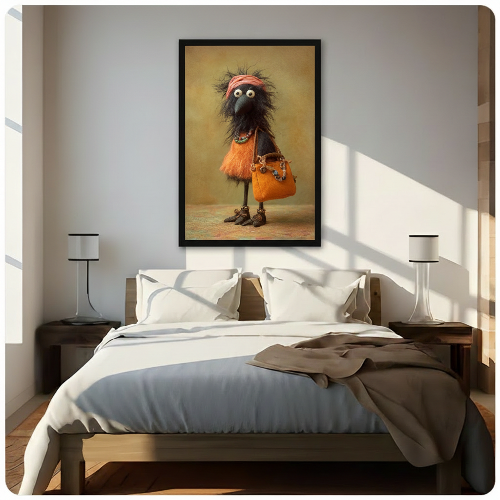 Whimsical fashionable crow in orange feathered dress framed canvas print above bed, bold quirky bird character wall art adding eccentric charm to bright neutral bedroom