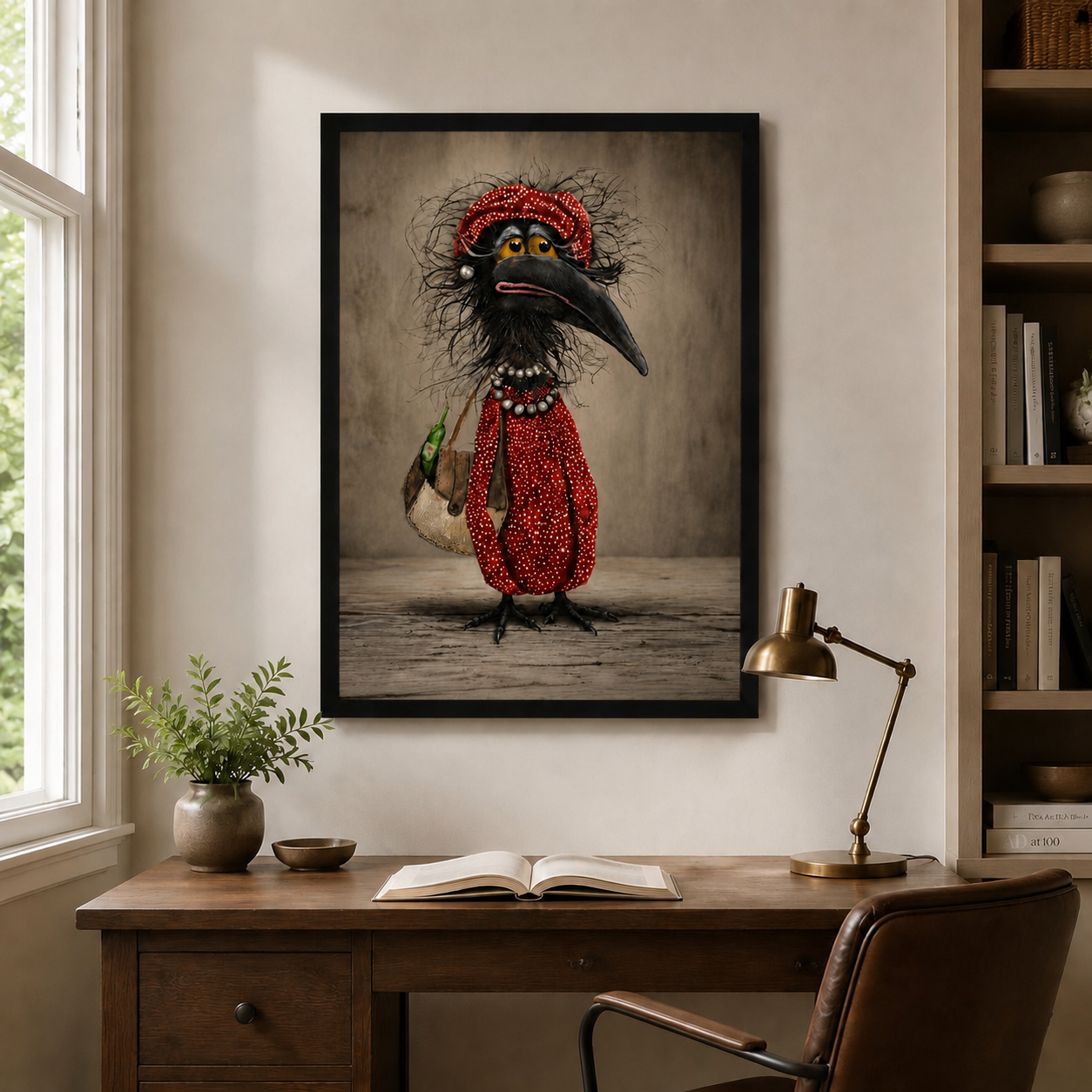 Gothic whimsical crow framed print hanging in a home office study room, quirky animal wall art for desk space decor