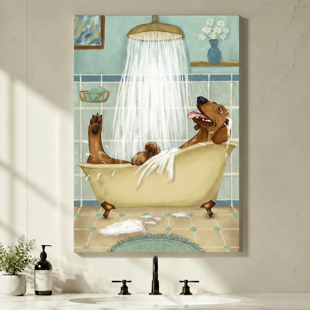 Stretched canvas wall art of a joyful dachshund splashing in a vintage clawfoot tub under a brass rain shower head with retro teal bathroom tiles, hung above a bathroom vanity with black faucet and small potted plant