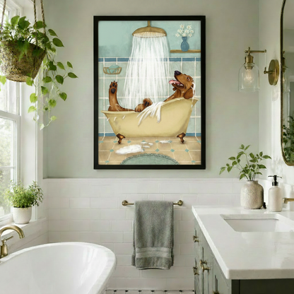 Black framed humorous dachshund bathtub canvas art with a laughing brown dog splashing under a brass shower head, displayed in a bright white subway tile bathroom with a freestanding soaking tub, brass towel bar, hanging pothos plant, and gold wall sconce