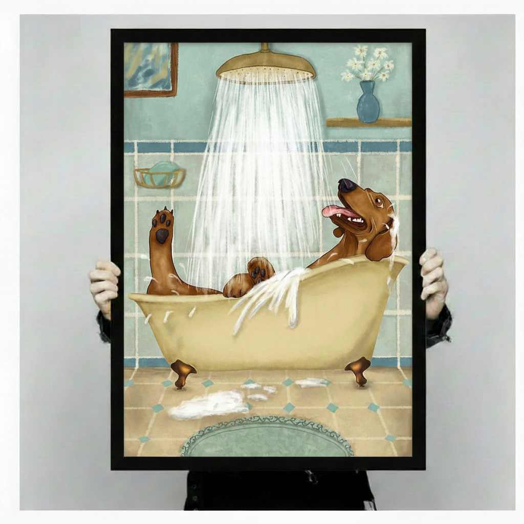 Person holding a large black framed funny dachshund in bathtub canvas art print showing a grinning brown wiener dog raising its paw in a vintage clawfoot tub with teal retro tile background against a light gray studio backdrop