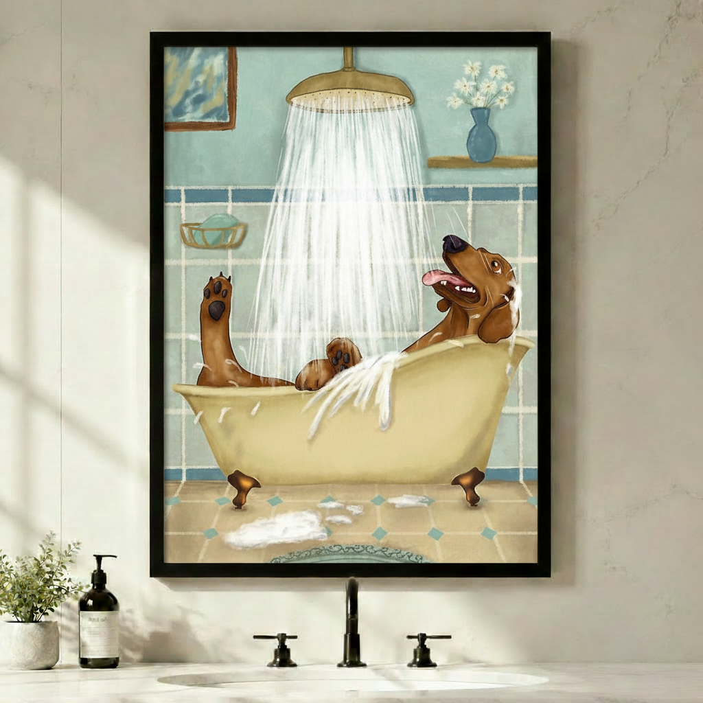 Black framed funny dachshund in clawfoot bathtub canvas art with a laughing brown wiener dog raising its paw under a brass shower head, displayed above a bathroom sink with black faucet and soap dispenser on a white countertop