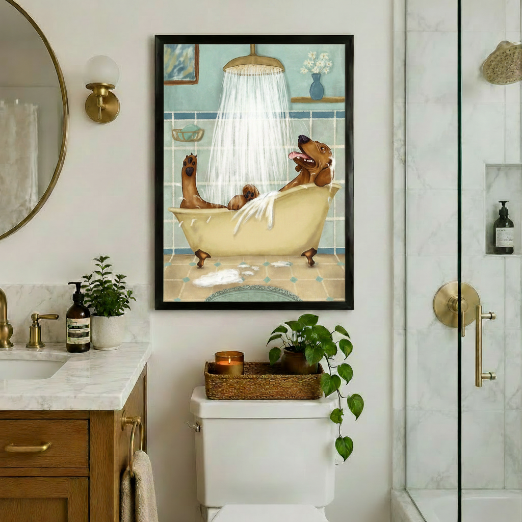 Black framed whimsical dachshund bathtub canvas art featuring a happy brown dog lounging in a retro tub with soap bubbles on the floor, hung above a toilet in an elegant bathroom with brass fixtures, round mirror, marble vanity, and glass shower enclosure