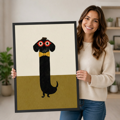 Smiling woman in cream sweater holding large funny dachshund with red glasses framed art print showing size reference in bright home interior