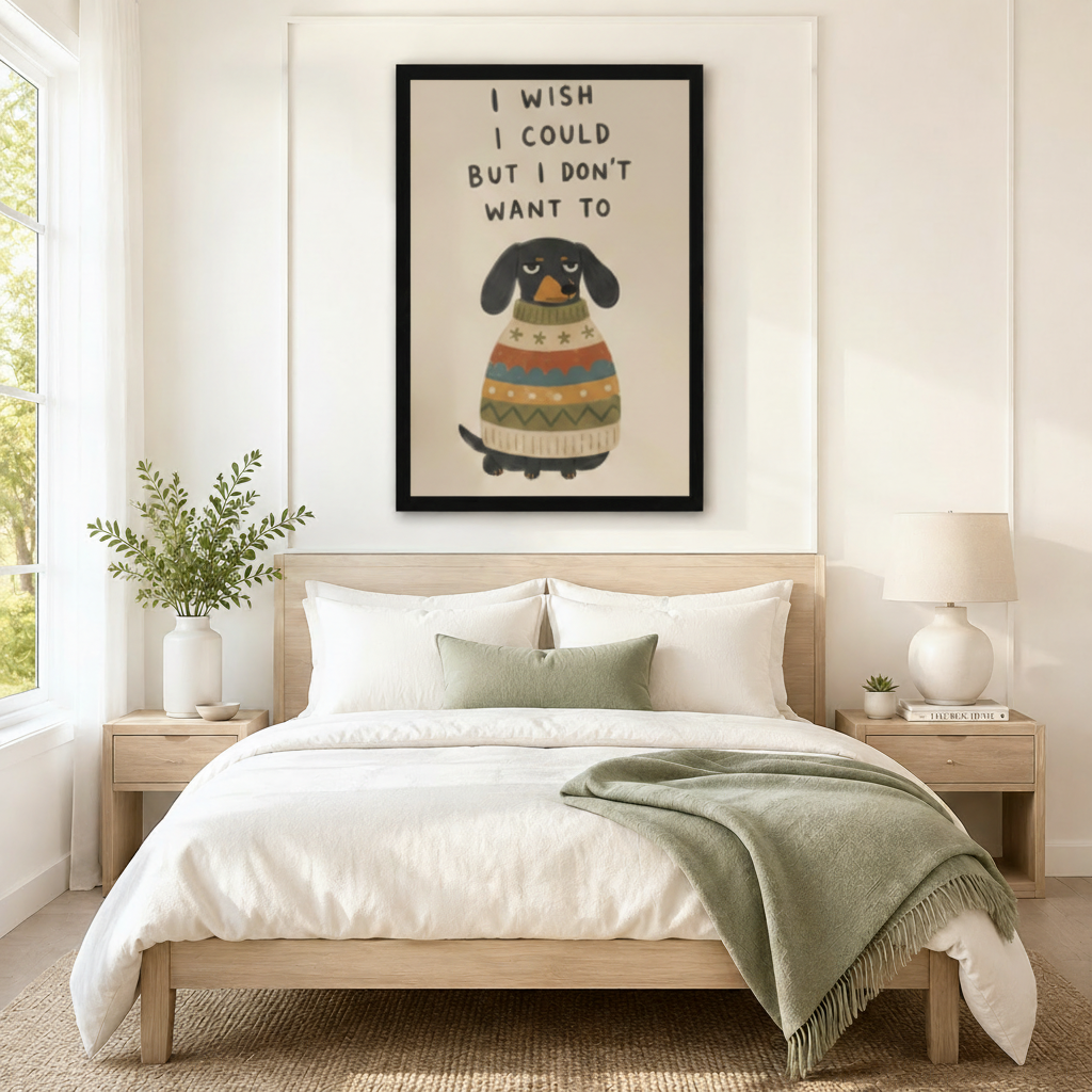 Black framed funny dachshund I Wish I Could But I Don't Want To canvas art with a grumpy black dachshund in a colorful striped sweater on a warm beige background, hung above a light wood bed with white linen bedding and a sage green throw in a serene Scandinavian bedroom
