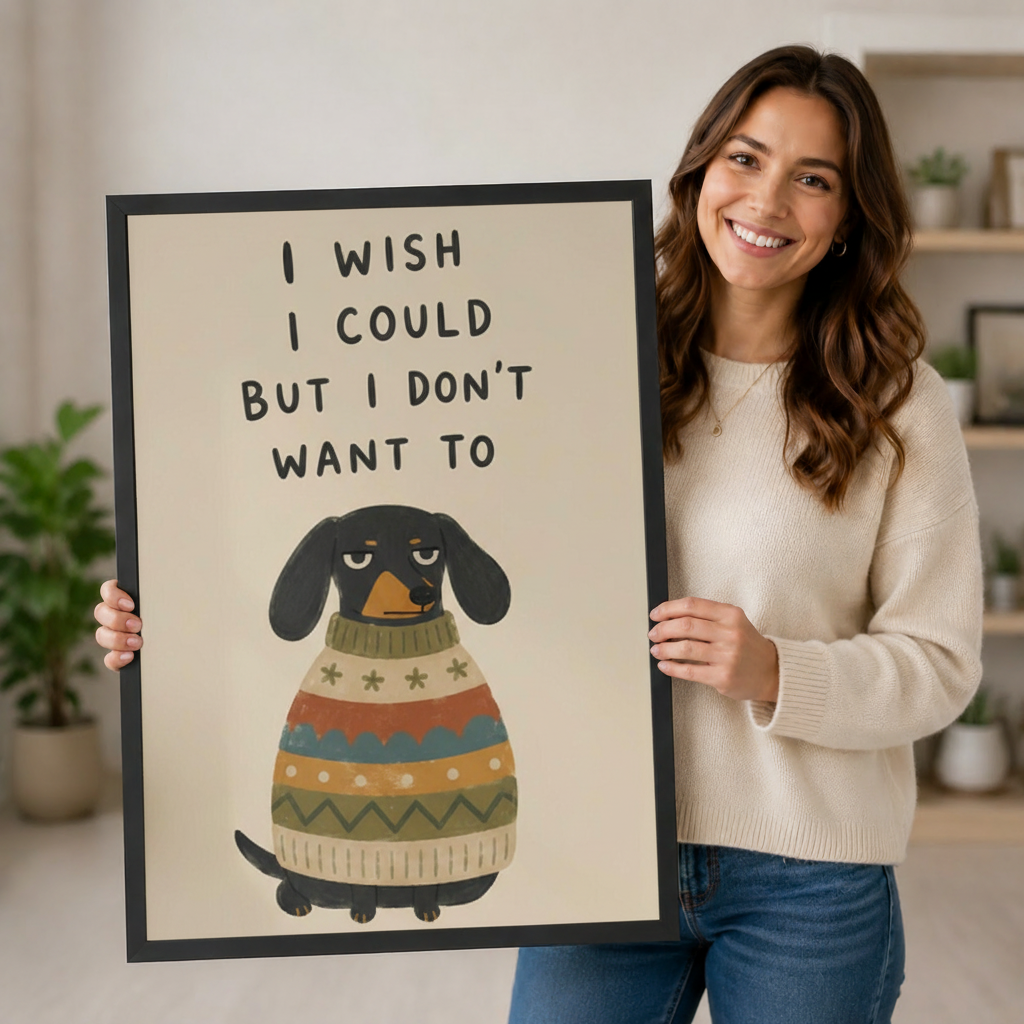 Smiling woman holding a large black framed funny dachshund I Wish I Could But I Don't Want To canvas art print featuring a sulky black dachshund in a multicolor knit sweater on a warm beige background