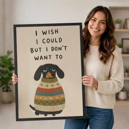 Smiling woman holding a large black framed funny dachshund I Wish I Could But I Don't Want To canvas art print featuring a sulky black dachshund in a multicolor knit sweater on a warm beige background