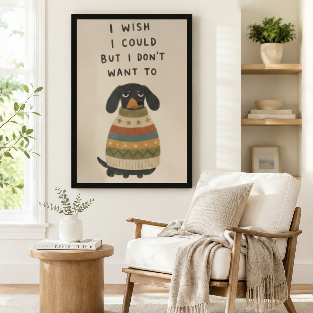Black framed funny dachshund I Wish I Could But I Don't Want To canvas art with a grumpy black dachshund wearing a colorful striped knit sweater on a warm beige background, displayed beside a white linen armchair in a cozy reading nook