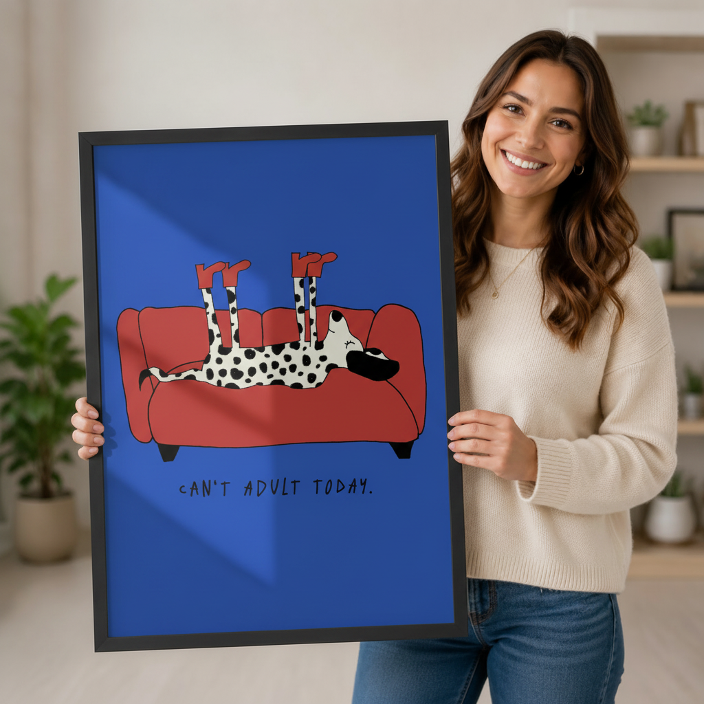 Smiling woman holding a black framed Dalmatian dog "Can't Adult Today" art print in cobalt blue against a neutral indoor background