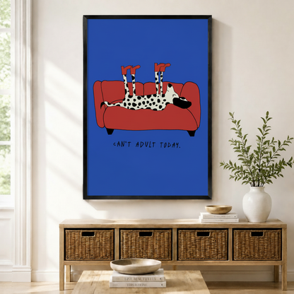 Black framed Dalmatian sofa art print in cobalt blue hanging above a rattan sideboard with wicker baskets in a bright natural light living room