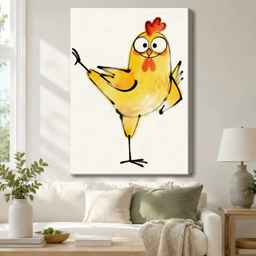 Stretched canvas wall art of a charming watercolor funny dancing chick print featuring a plump golden yellow cartoon chicken standing on one leg with wings outstretched in a playful dance, a bright red comb, wide round eyes, an orange beak, and a red chest wattle, painted in warm watercolor washes with free-flowing black ink line art on a pure white background, hung above a white sofa with sage green and cream pillows and a white ceramic table lamp in a bright airy living room