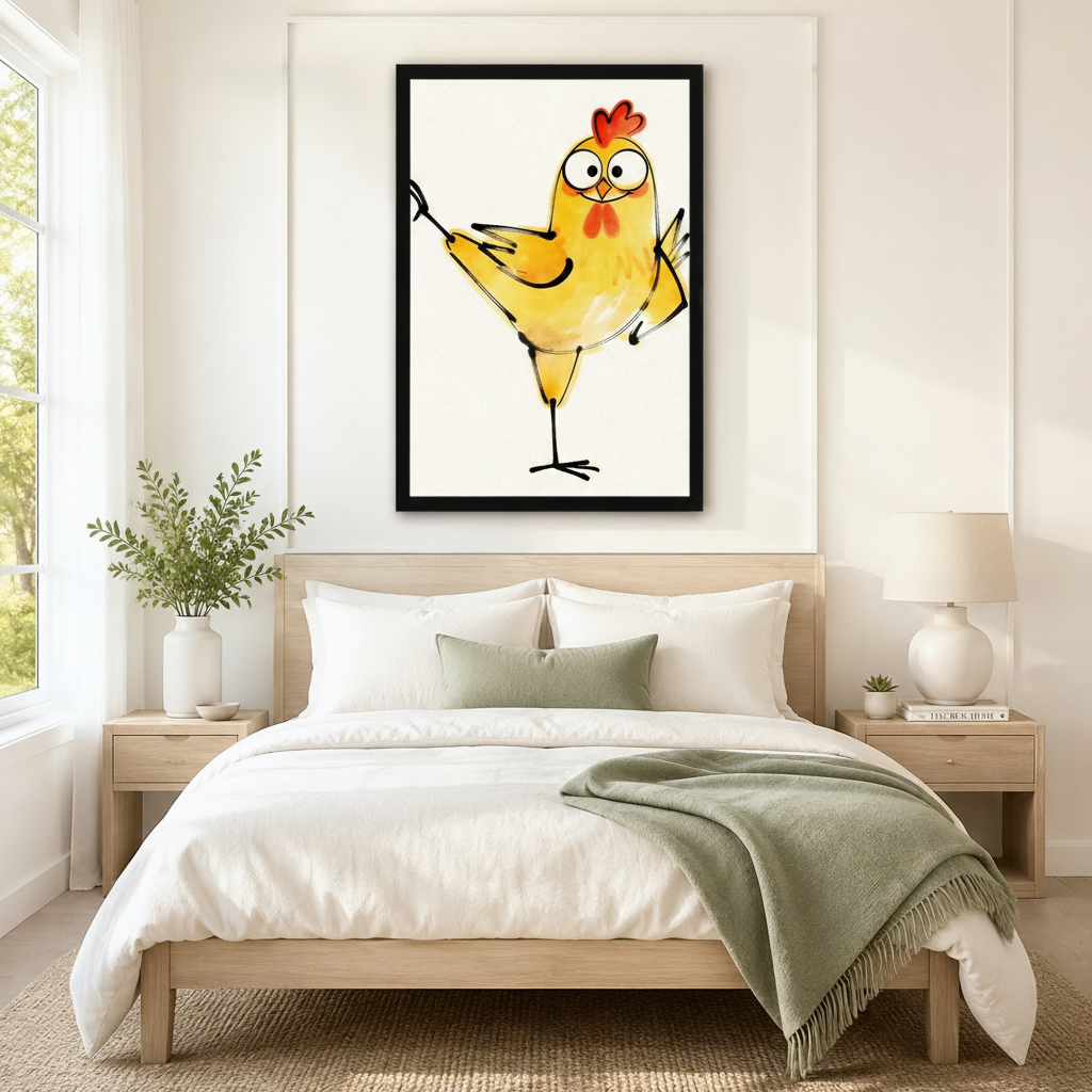 Black framed whimsical watercolor funny dancing chick canvas art with a plump golden yellow cartoon chicken standing on one leg with both wings outstretched in a playful dance pose, a bright red comb, wide round eyes, an orange beak, and a red wattle on its chest, rendered in warm watercolor washes with free-flowing black ink sketch lines on a clean off-white background, hung above a light wood bed frame in a serene Scandinavian bedroom with crisp white linen bedding, a sage green throw blanket, matching wo