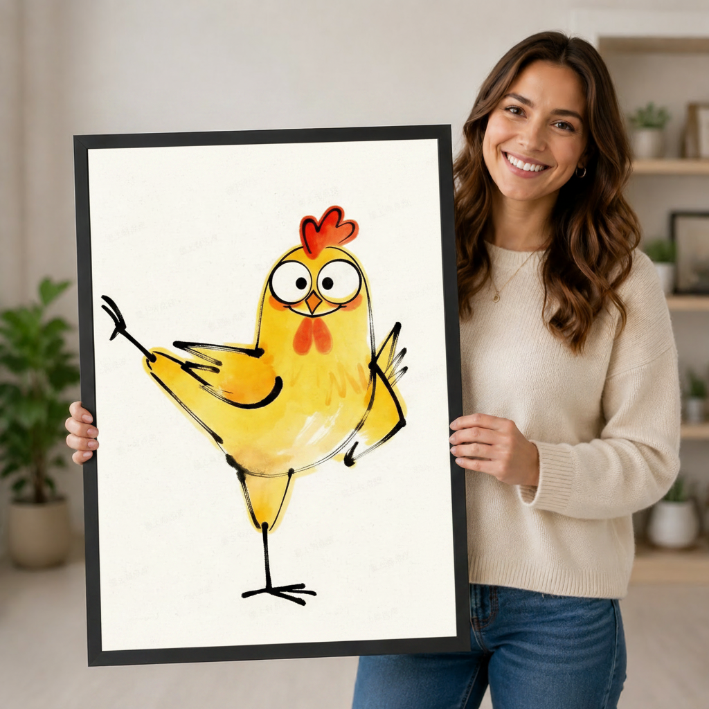 Smiling woman in a cream sweater holding a large vertical black framed whimsical watercolor funny dancing chick canvas art print showing a round golden yellow cartoon chicken balancing on one leg with wings spread wide in a joyful dance, a red comb, large round eyes, an orange beak, and a red chest wattle in loose watercolor washes with expressive black ink outlines on a clean white background in a bright plant-filled room