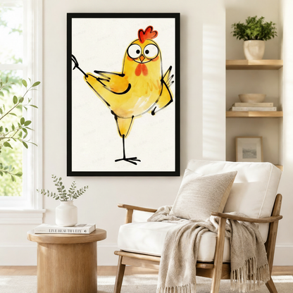 Black framed whimsical watercolor funny dancing chick canvas art showing a chubby golden yellow cartoon chicken on one leg with both wings spread open in a lively dance pose, a vivid red comb, big round eyes, an orange beak, and a red wattle, illustrated in loose golden watercolor washes with bold expressive black ink sketch lines on a warm off-white background, displayed beside a white wooden armchair with a cream fringed throw and a round wood side table with stacked books