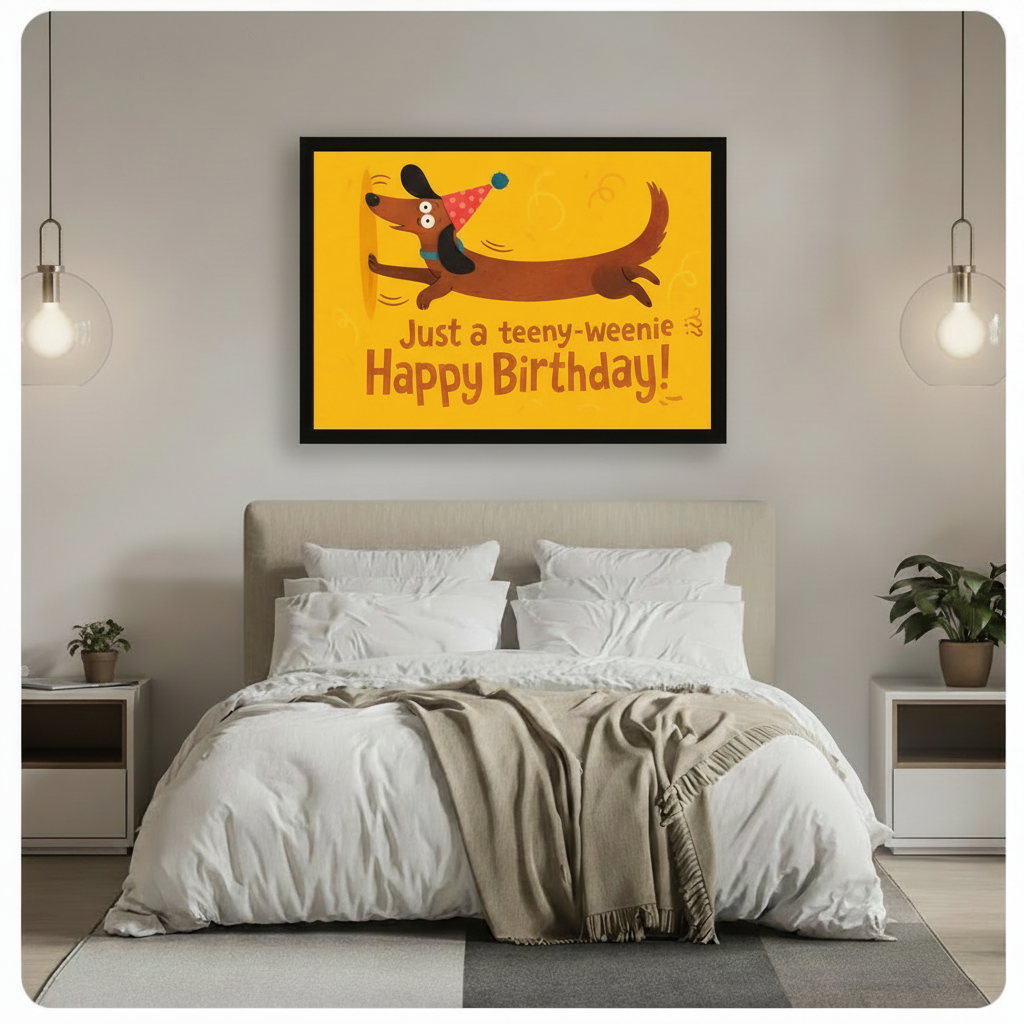 Framed funny dachshund birthday canvas print above white bed in minimalist neutral bedroom with pendant lights