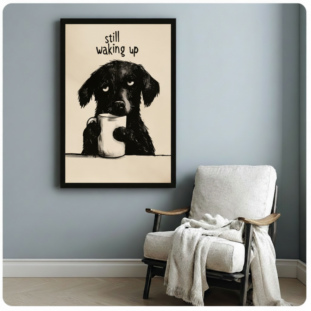 Black framed funny illustration sleepy black dog hugging white coffee mug "Still Waking Up" quote canvas art on warm beige background on a soft blue-gray wall beside a white linen folding armchair with a cream throw blanket