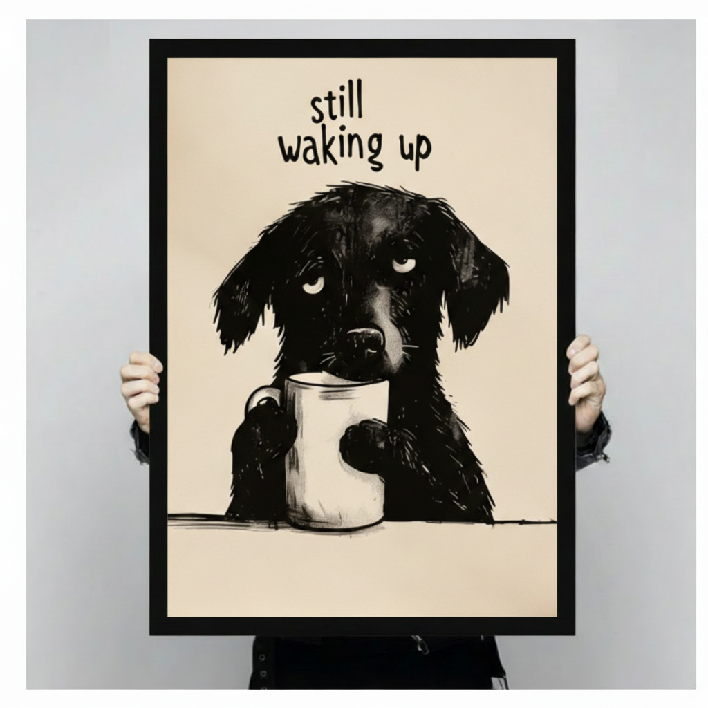 Person holding a black framed humorous pencil illustration drowsy black dog clutching white coffee mug "Still Waking Up" art print on warm beige background against a light gray backdrop