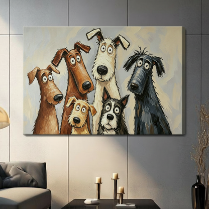 Bold impasto oil painting of five quirky cartoon hounds with exaggerated long necks and oversized round eyes posing together including a shaggy white dog a brown square-eared dog a golden terrier a startled border collie and a dark gray fluffy hound on a cream blue-gray textured background funny dog wall art stretched canvas in a living room with dark gray panel wall dark sofa candle holders and black vase