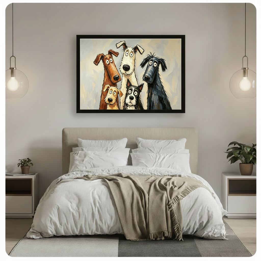 Expressive cartoon oil painting of five lovably goofy long-necked dogs with wide eyes and floppy ears grouped together in a humorous portrait including a white shaggy dog a brown hound a golden terrier a surprised border collie and a dark gray hound on a warm blue-gray brushstroke background funny dog wall art framed print above a bedroom with white linen bedding beige upholstered headboard pendant lights white nightstands and green plants