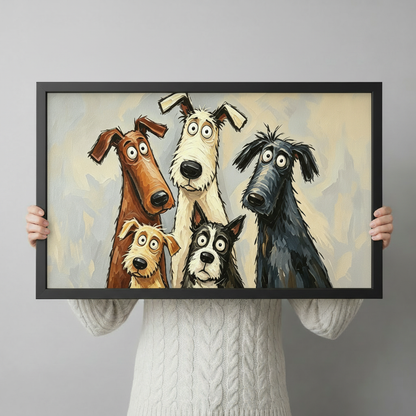 Playful whimsical oil painting of five comical long-necked dogs with big round eyes and floppy ears huddling together for a group portrait featuring a golden brown hound a white shaggy dog a small gold terrier a black-and-white border collie and a dark gray hound on a soft blue-cream background funny dog portrait wall art framed print held against a light gray background