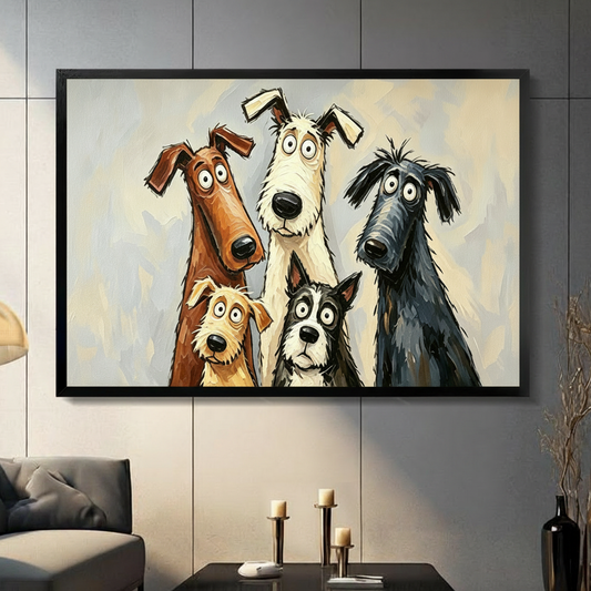 Whimsical expressive oil painting of five goofy long-necked dogs crowding together in a group portrait including a golden brown hound a brown floppy-eared dog a tall shaggy white dog with a big black nose a small golden terrier and a wide-eyed black-and-white border collie on a soft blue-gray brushstroke background funny dog wall art framed print in a living room with dark gray panel wall dark sofa candle holders and black vase