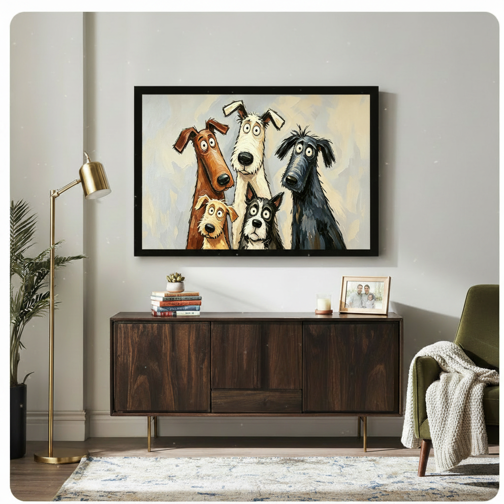 Humorous whimsical oil painting of five cartoon dogs with exaggerated long necks large expressive eyes and shaggy coats posing as a quirky family portrait featuring a tall white fluffy dog a brown hound with square ears a small sandy terrier a wide-eyed border collie and a dark gray hound on a creamy blue-gray impasto background funny dog wall art framed print above a living room sideboard with dark walnut cabinet gold floor lamp green armchair and indoor plants
