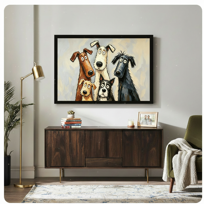 Humorous whimsical oil painting of five cartoon dogs with exaggerated long necks large expressive eyes and shaggy coats posing as a quirky family portrait featuring a tall white fluffy dog a brown hound with square ears a small sandy terrier a wide-eyed border collie and a dark gray hound on a creamy blue-gray impasto background funny dog wall art framed print above a living room sideboard with dark walnut cabinet gold floor lamp green armchair and indoor plants