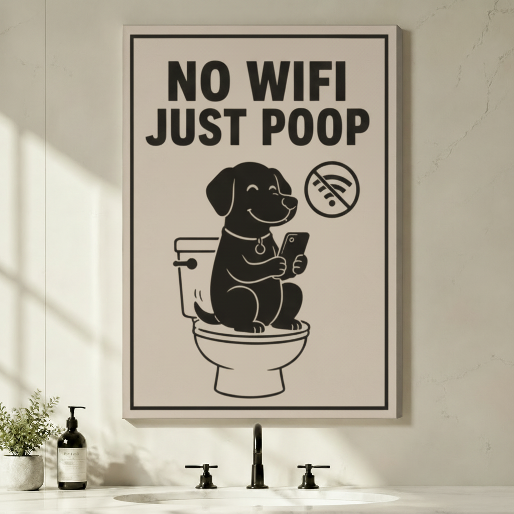Stretched canvas funny dog No Wifi Just Poop bathroom wall art featuring a happy black Labrador puppy on a toilet scrolling a phone with a crossed-out wifi icon on a warm cream background, hung above a bathroom sink with matte black faucet and soap dispenser