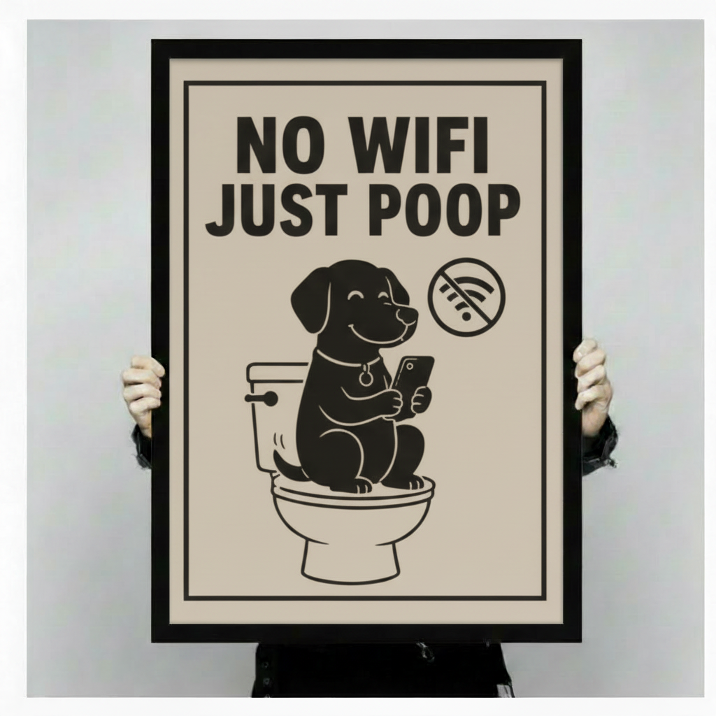 Person holding a large black framed funny dog No Wifi Just Poop canvas art print with a smiling black Labrador puppy on a toilet checking a phone beside a crossed-out wifi symbol on a warm beige background