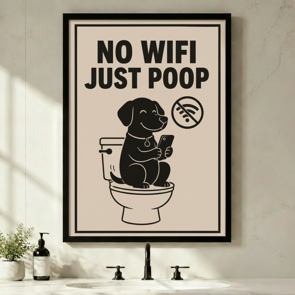 Black framed funny dog No Wifi Just Poop bathroom canvas art with a smiling black Labrador sitting on a toilet holding a phone beside a no-wifi symbol on a warm beige background, displayed above a bathroom sink with black fixtures and a small potted plant