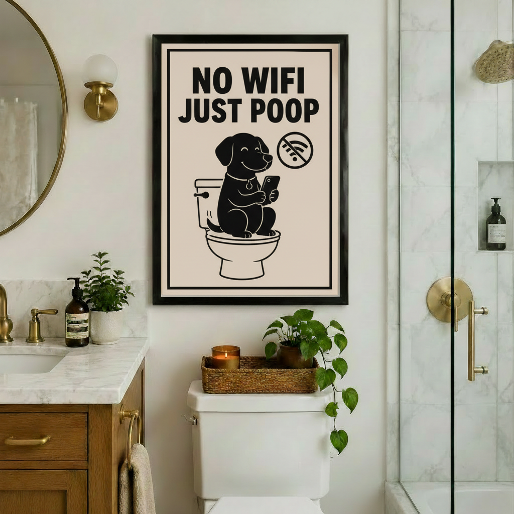 Black framed funny dog No Wifi Just Poop bathroom canvas art with a grinning black Labrador sitting on a toilet holding a smartphone next to a no-wifi sign on a beige background, hung above a toilet in an elegant bathroom with marble countertops, gold hardware, a round mirror, and a glass shower enclosure