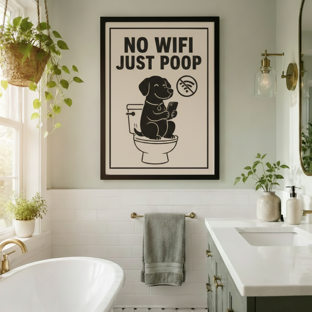 Black framed funny dog No Wifi Just Poop bathroom canvas art with a happy black Labrador on a toilet holding a phone next to a no-wifi icon on a cream background, hung in a bright plant-filled bathroom with a freestanding soaking tub, white subway tiles, gold hardware, and hanging potted plants