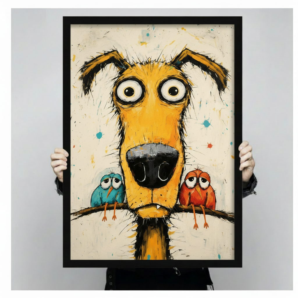 Hand-held product shot of a black-framed art print showing a bug-eyed yellow dog with two grumpy birds perched on a branch