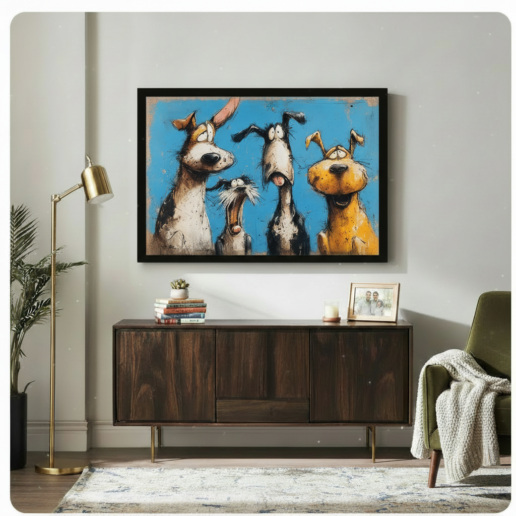 Funny dogs canvas art above bed — bold sketch-style cartoon pups on blue background, humorous bedroom wall decor