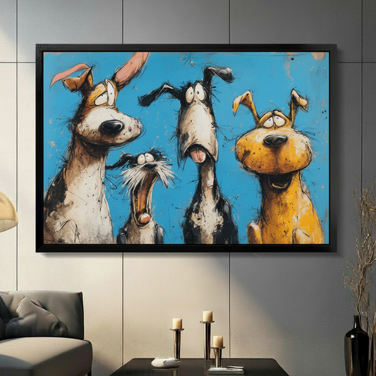 Funny cartoon dogs framed canvas wall art — four goofy sketch-style pups on vivid blue, black frame living room decor