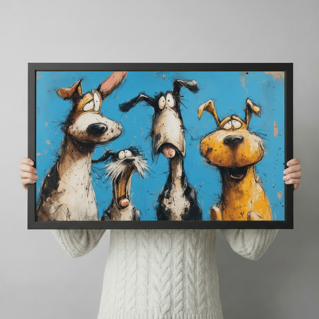 Four funny cartoon dogs canvas art hand-held display — black framed sketch-style dog painting, unique pet lover gift