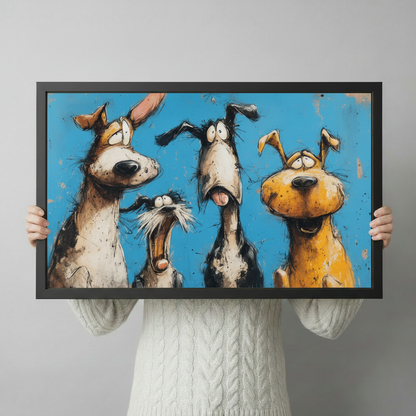 Four funny cartoon dogs canvas art hand-held display — black framed sketch-style dog painting, unique pet lover gift