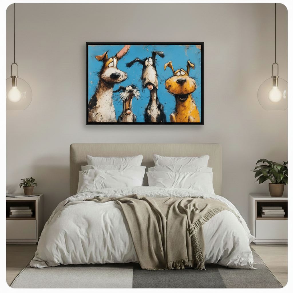 Cartoon dog canvas wall art in cozy living room — four goofy pups in blue sketch style, playful eclectic home decor
