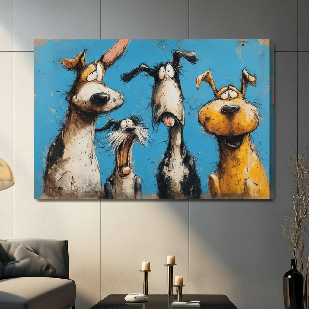 Humorous cartoon dogs stretched canvas print — four expressive pups in bold blue sketch style, gallery wrap home wall decor
