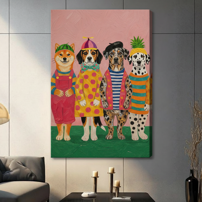 Playful thick impasto oil painting of four costumed dogs posing together a cheerful Shiba Inu with a green watermelon cap and pink dungarees a Beagle wearing a colorful propeller hat yellow dot dress and bow tie a merle Catahoula in a French beret striped nautical shirt and star-covered pink vest and a Dalmatian sporting a pineapple top hat and multicolor striped top on a bright pink and green background funny pet portrait stretched canvas wall art print hanging in a contemporary living room with dark gray 