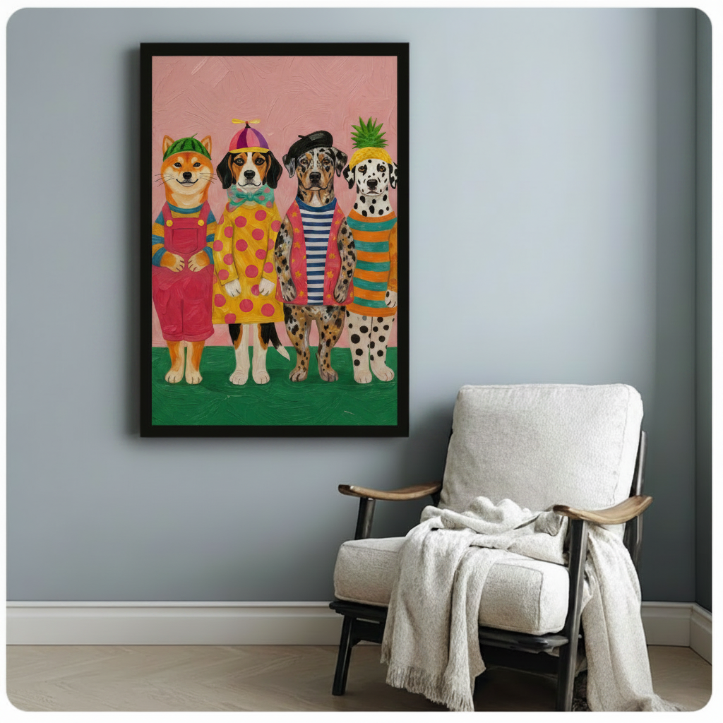 Humorous impasto oil painting of a quirky dog squad dressed in colorful outfits featuring a Shiba Inu in a watermelon hat and red overalls a Beagle in a spinning propeller cap yellow polka dot frock and teal bow tie a spotted Catahoula wearing a black beret blue stripe shirt and pink star jacket and a Dalmatian in a pineapple hat with orange and teal horizontal stripes standing on a green floor against a pink background funny animal group portrait framed art poster displayed beside a white fabric lounge cha