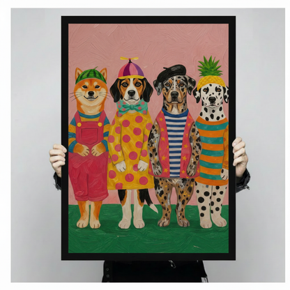Colorful impasto oil painting of four dressed-up dogs in a group portrait a grinning Shiba Inu with a watermelon slice hat and red suspender pants a Beagle in a propeller beanie yellow polka dot dress and bow tie a merle Catahoula in a black beret striped shirt and pink star-print coat and a Dalmatian wearing a pineapple hat and striped orange teal sweater all standing on a green surface against a bubblegum pink background funny pet costume wall art framed wall art print held up for size reference against a