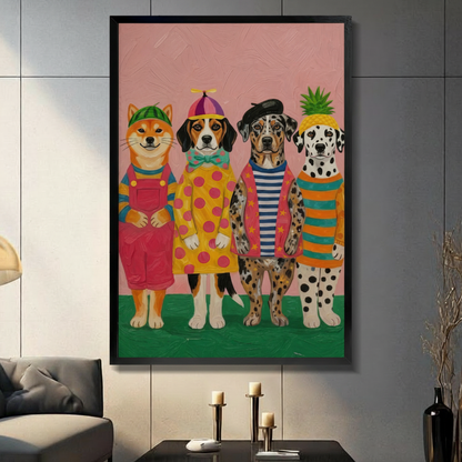 Whimsical impasto oil painting of four anthropomorphic dogs standing in a row a smiling Shiba Inu wearing a watermelon slice hat and red overalls a Beagle in a propeller beanie yellow polka dot dress and teal bow tie a spotted Catahoula in a black beret blue and white striped shirt and pink star-print jacket and a Dalmatian in a pineapple hat and orange teal striped sweater against a pink background with a green floor funny dressed-up pet crew framed wall art print displayed in a living room with dark gray 